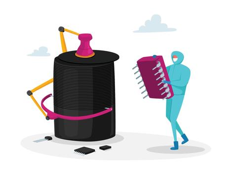 Technology Manufacture, Central Computer Processors, Cpu. Tiny Character in Protective Suit Set Up Huge Semiconductor vector