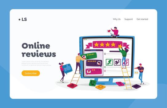 Customers Online Review, Ranking and Rating Landing Page Template. Tiny Characters Put Huge Stars on Pc Screen, Feedback vector