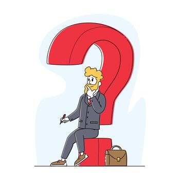 Thoughtful Business Man Sitting on Huge Question Mark with Pen in Hand and Briefcase. Male Character Thinking, Solution vector