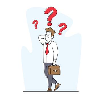 Business Character Thinking, Searching Solution or Decision for Difficult Answer Concept. Thoughtful Man with Briefcase vector