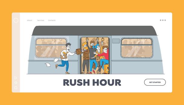 Man Run in Subway Platform to Crowded Train in Rushtime Landing Page Template. Characters Pushing Each Other in Metro vector