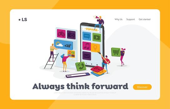 Designers Create Mobile Application Landing Page Template. Characters Work at Huge Smartphone Put App Icons on Screen vector