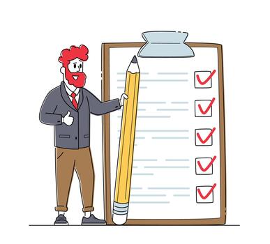 Businessman Character with Pencil Stand at Checklist with Marks in Check Boxes on Huge Clipboard. Business Man Planning vector