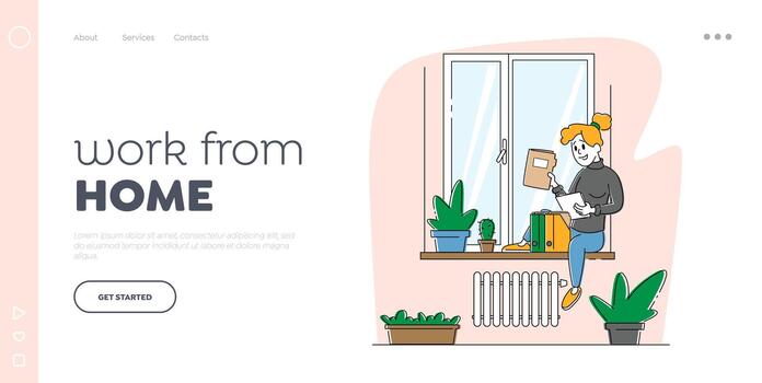 Homeworking Place, Working Activity Landing Page Template. Woman Sitting on Windowsill Work with Papers Docs at Home. vector