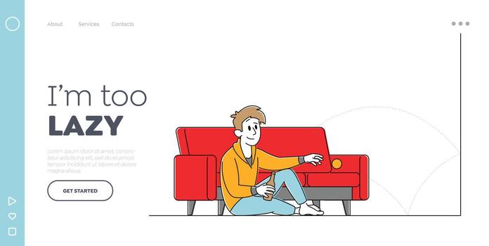 Lazy Weekend, Procrastination and Relaxed Home Spare Time Landing Page Template. Male Character Sit on Floor with Beer vector