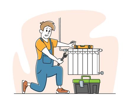 Plumbers Service, Heating Pipes Replacement. Worker with Spanner and Level Tools Installing House Heating Pipeline Tubes vector