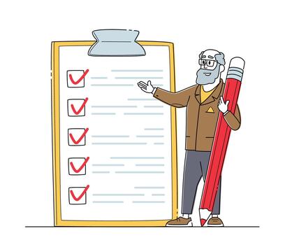 Businessman Character Presenting Check List with Filled Marks in Boxes. Checklist, Searching Solution, Planning Deals vector