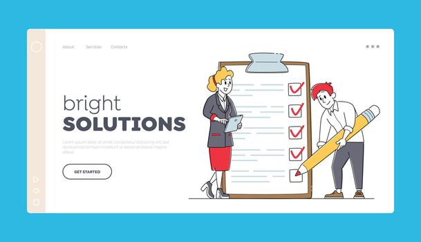 empresario relleno Lista de Verificación aterrizaje página modelo. personaje poner marcas dentro cheque cajas en enorme portapapeles vector