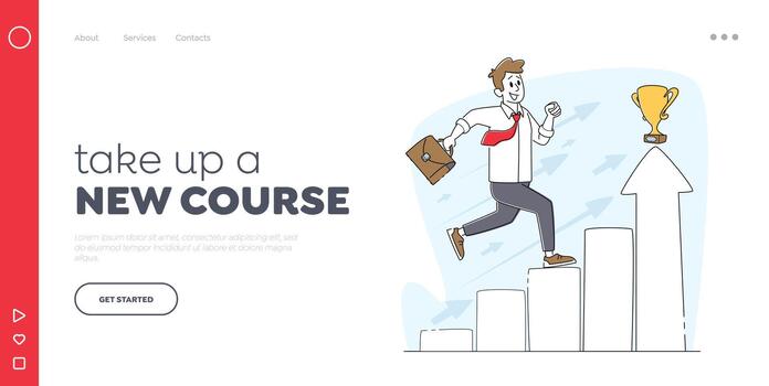 Ladder to Success Landing Page Template. Male Character Run at Column Chart to Trophy on Top. Self Development vector