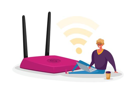 Tiny Male Character with Laptop and Coffee Cup Sitting at Huge Wifi Router Using Wireless Internet Connection Concept vector