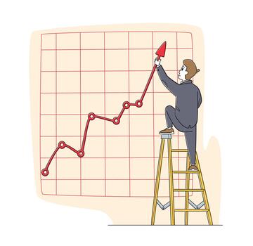 Businessman Character Stand on Ladder Directing Huge Growing Arrow Up. Business Chart Growth Curve on Coordinate System vector
