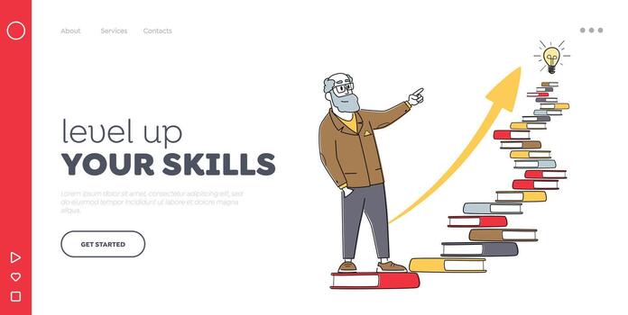Developing Mental Issues, Ladder to Success. Training Landing Page Template. Man Climb at Books Stairs with Bulb on Top vector