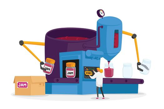 Jam production machine with jars and operator vector