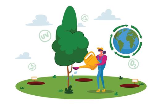 Person watering a tree for environmental health vector