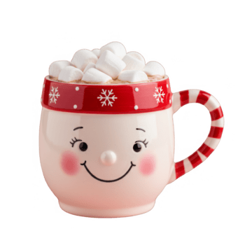 mok met marshmallows en glimlachen gezicht en sneeuwvlok patroon in rood png