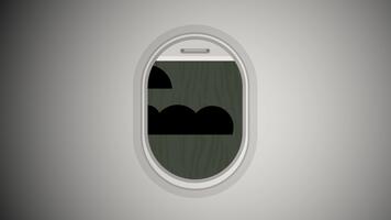 animazione di aereo finestra visualizzazioni transizioni a partire dal Aperto per Chiuso, rivelatrice nuvole fuori. il sequenza Spettacoli il finestra gradualmente oscuramento e poi completamente schiarente. video