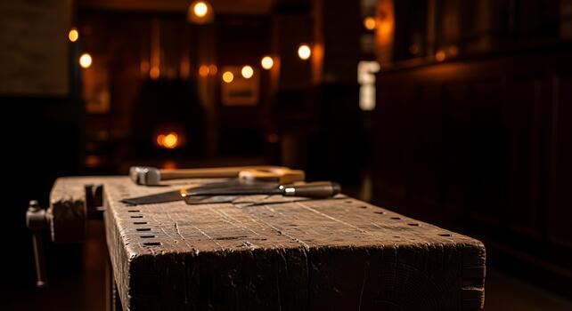 Rustic Wooden Workbench with Tools in a Dimly Lit Workshop. photo