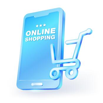 3D glass icon showing a shopping cart and smartphone screen with Online Shopping text, symbolizing e-commerce and mobile shopping concept. isolated on white background. vector