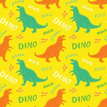 Dinosaur pattern with words on yellow background vector