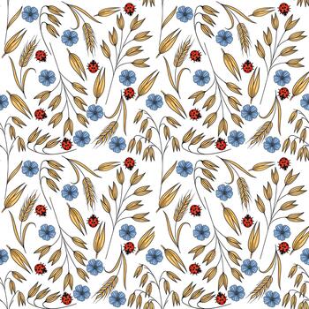 Seamless pattern featuring delicate flax flowers and ripe oat stalks adorned with charming ladybugs on a crisp white background. vector
