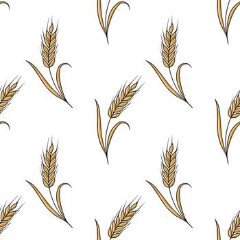 Seamless pattern of golden wheat ears with delicate stalks and leaves, rendered in a clean, illustrative style on a white background. vector