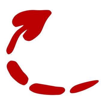 A striking red abstract design featuring a curved arrow and fragmented oval shapes, evoking a sense of dynamic motion and modern simplicity. vector
