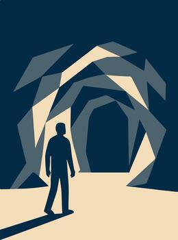 Man Silhouette Standing at Entrance of Abstract Geometric Cave Tunnel Illustration Concept of Liminal Space Exploration Journey Discovery and Unknown Future vector