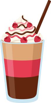 Sweet Layered Dessert Smoothie with Whipped Cream and Raspberry Topping Drink vector