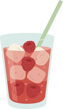 Flat Style Refreshing Raspberry Drink with Ice Cubes and Straw Illustration vector
