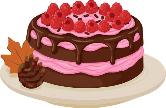 Flat Delicious Raspberry Chocolate Cake with Leaf and Pine Cone Dessert vector