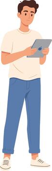 plano ilustración de enfocado hombre utilizando digital tableta para comunicación vector