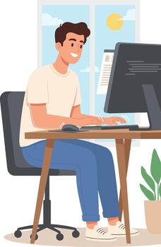 Flat Illustration of Happy Young Man Working on Computer at Desk vector