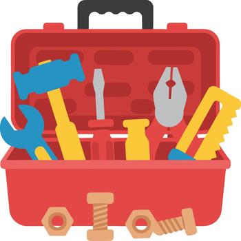 plano diseño caja de herramientas con varios mano herramientas ilustración en rojo envase vector