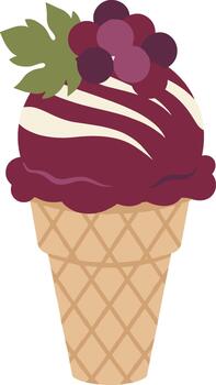 Flat Design Grape Ice Cream Cone with Leaf Topping Illustration vector