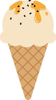 Flat Design Delicious Ice Cream Cone with Mango Sauce and Sesame Seeds vector
