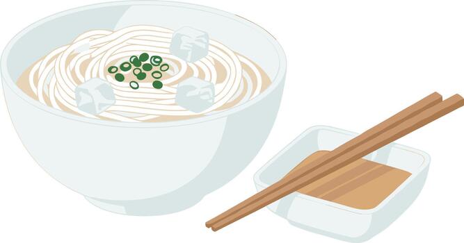 Simple Flat Illustration of Cold Udon Noodle with Ice Cube and Chopsticks vector