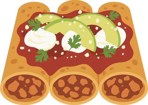 Flat Graphic Delicious Beef Enchilada with Avocado Slice and Sour Cream vector