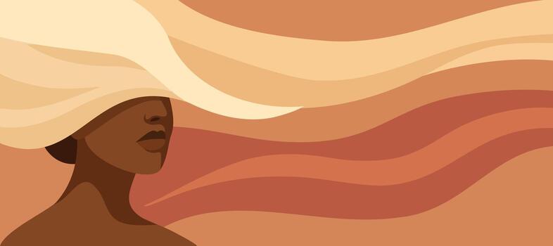 horizontal abstract portrait of afro girl with soft lines and hidden face. Flat design in warm palette, perfect for backgrounds, banners, branding, women's projects vector