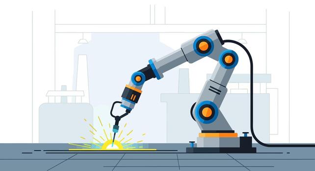 Robotic arm welding in a factory vector