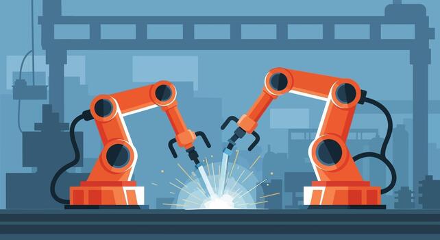 Robotic welding arms in factory industrial automation vector