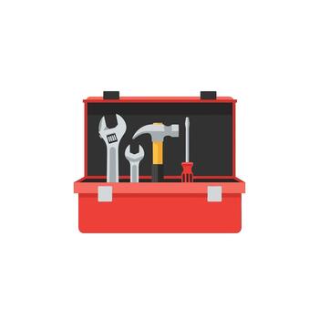 Toolbox with tools open red case with wrench hammer and screwdriver vector