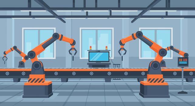 industrial robots trabajando en un transportador cinturón en un fábrica vector