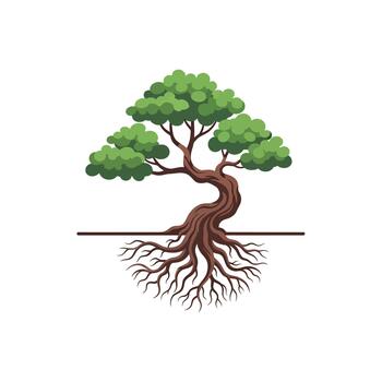 Tree with roots and green leaves on white background vector