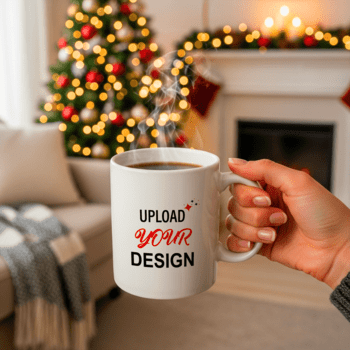 un mano sostiene un blanco jarra con subir tu diseño texto, metido en un festivo Navidad ajuste con un decorado árbol y hogar psd