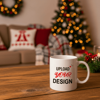 ein Weiß Becher mit das Text hochladen Ihre Design sitzt auf ein hölzern Tabelle im Vorderseite von ein verschwommen Weihnachten Baum und Sofa, Erstellen ein gemütlich Urlaub Szene psd