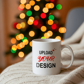 ein Weiß Becher mit das Text hochladen Ihre Design ruht auf ein texturiert Decke im Vorderseite von ein verschwommen Weihnachten Baum mit bunt Bokeh Beleuchtung psd