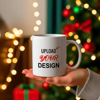 Weiß Becher mit hochladen Ihre Design Text gehaltenen im Hand mit Weihnachten Baum und Bokeh Beleuchtung im das Hintergrund psd