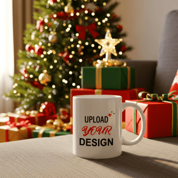 Weiß Becher mit hochladen Ihre Design Text auf ein Couch, mit ein verschwommen Weihnachten Baum und Geschenke im das Hintergrund psd