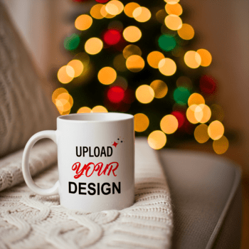 ein Weiß Becher mit das Text hochladen Ihre Design ist platziert auf ein gestrickt Decke, mit ein Bokeh bewirken von ein Weihnachten Baum im das Hintergrund psd