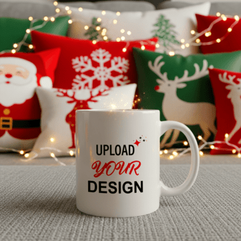 bianca boccale con il testo caricare il tuo design nel rosso e Nero, impostato contro un' festivo Natale sfondo con cuscini e Fata luci psd